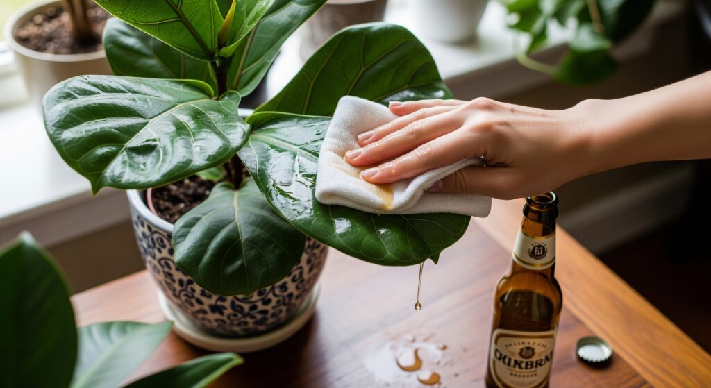 観葉植物の葉っぱのツヤ出しとビール